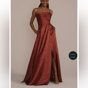 Cinnamon jacquard cowl neck bridesmaid dress from David's Bridal-with pockets!